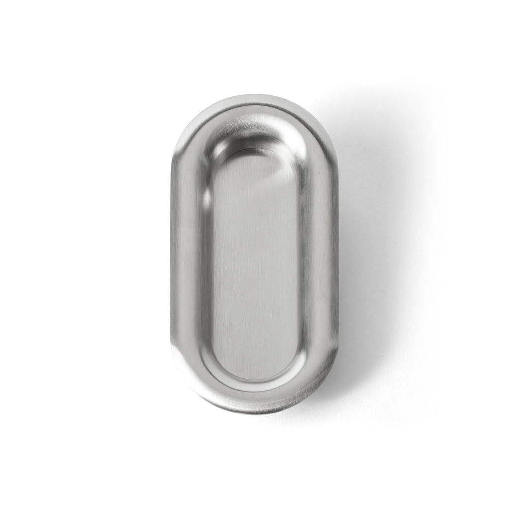 FAT Satin Stainless Steel Flush Pull Handle Oval, flat lay on white background. Designed by Tom Dixon for d line.