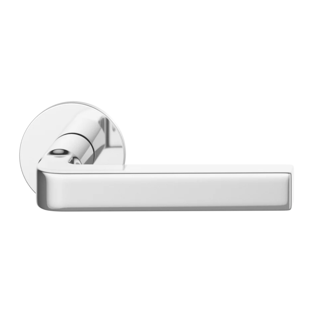 Polished stainless steel FSB 1004 door lever, a square-grip lever with an angled bend, on a round rose.
