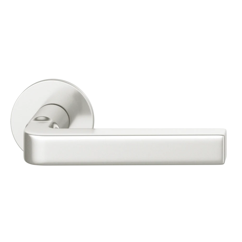 Natural anodized aluminum FSB 1004 door lever, a square-grip lever with an angled bend, on a round rose.