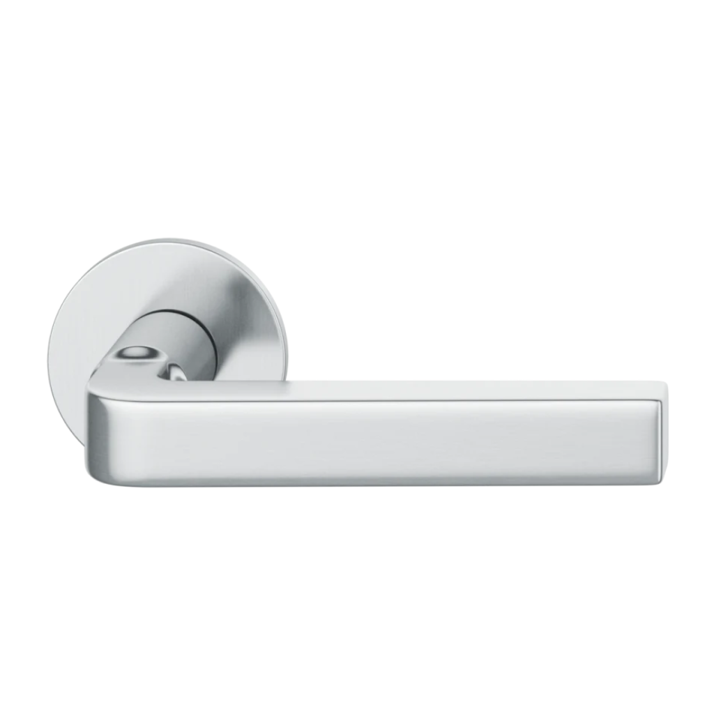 Satin stainless steel FSB 1004 door lever, a square-grip lever with an angled bend, on a round rose.