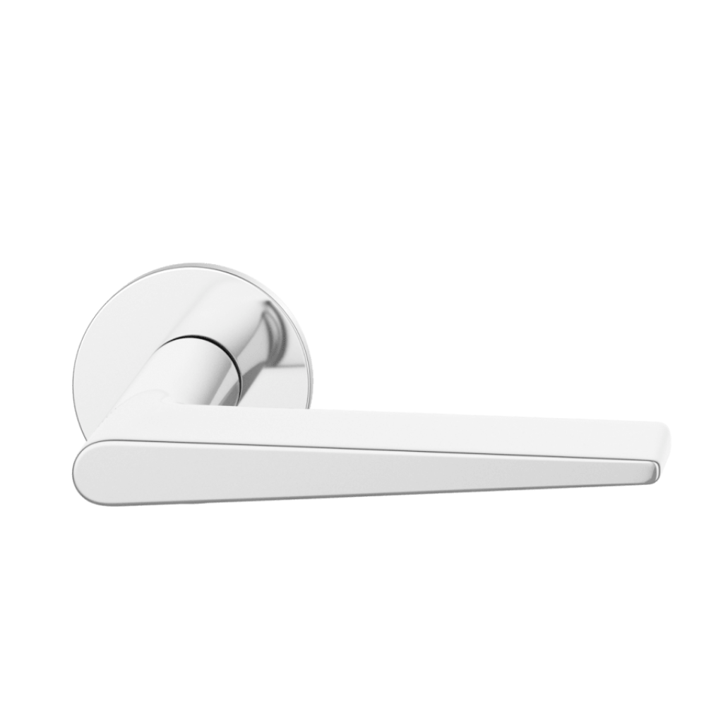 Polished stainless steel FSB 1005 door lever, a wedge-profile lever on a round rose.