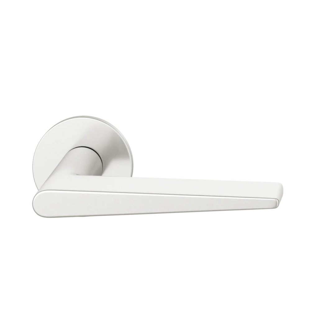 Natural anodized aluminum FSB 1005 door lever, a wedge-profile lever on a round rose.