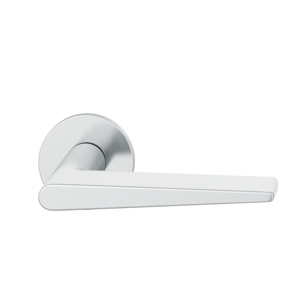 Satin stainless steel FSB 1005 door lever, a wedge-profile lever on a round rose.