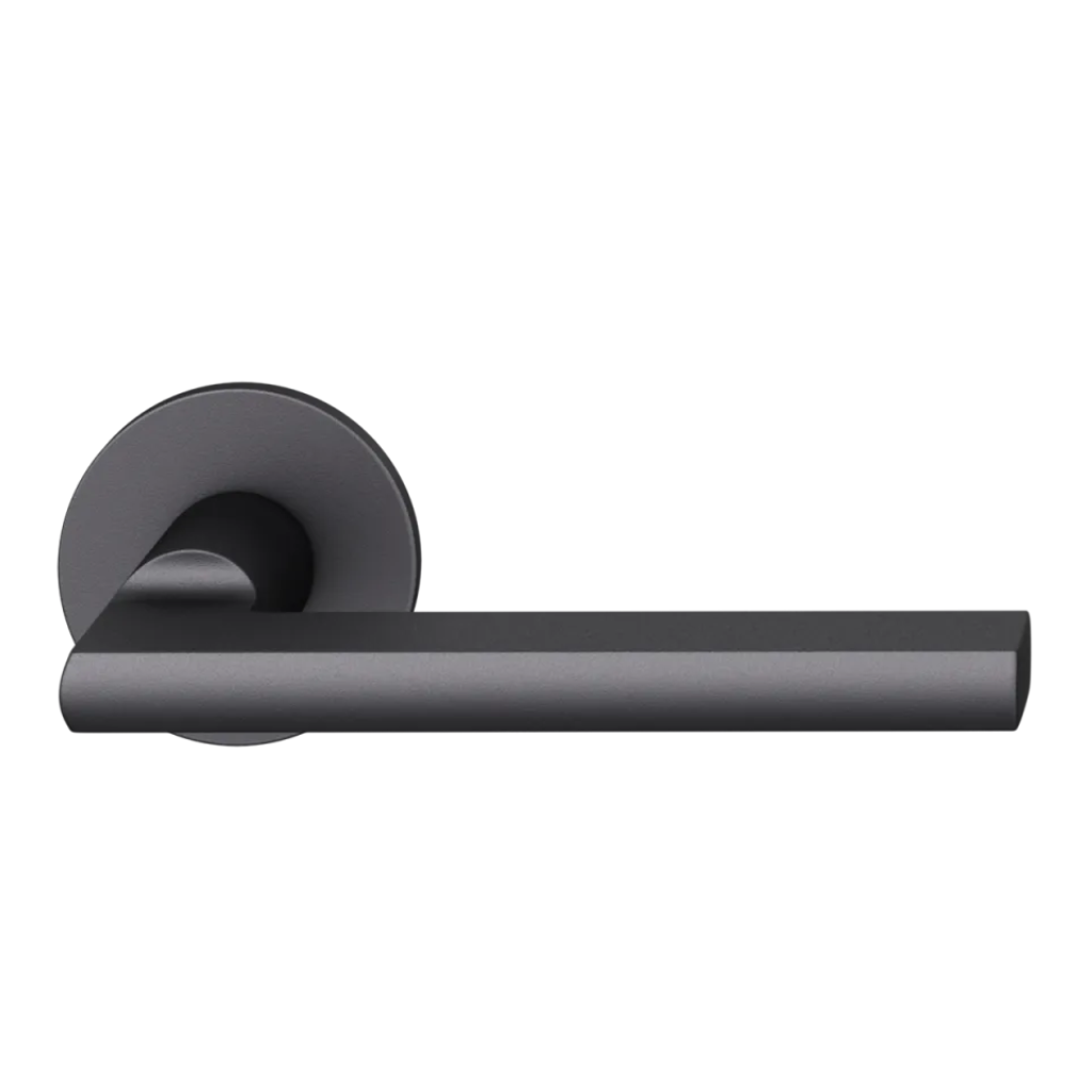 Black anodized FSB 1035 door lever, a flattened round-bar lever on a round rose.