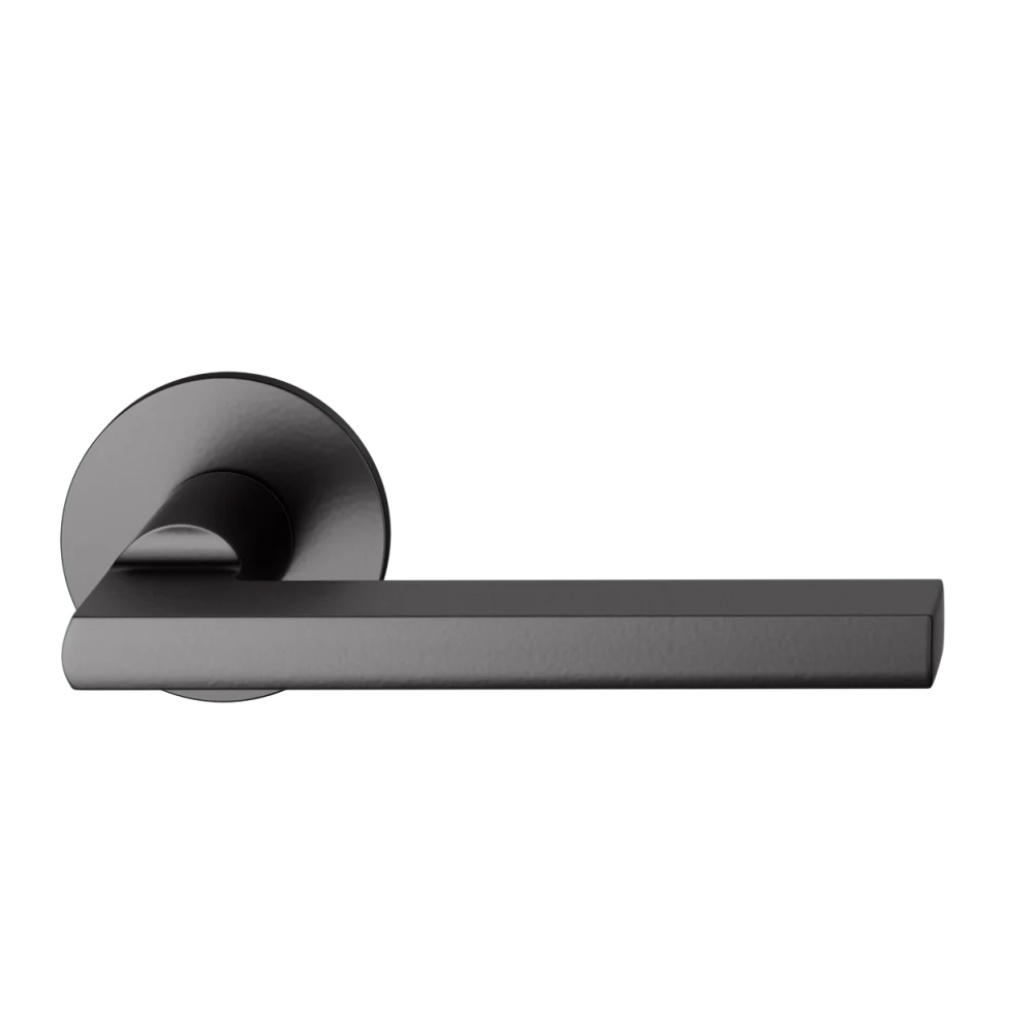 Black powder coat FSB 1035 door lever, a flattened round-bar lever on a round rose.
