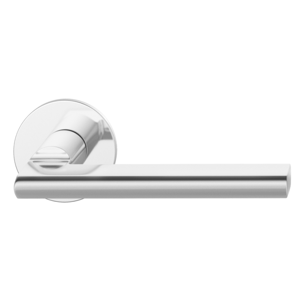 Polished stainless steel FSB 1035 door lever, a flattened round-bar lever on a round rose.
