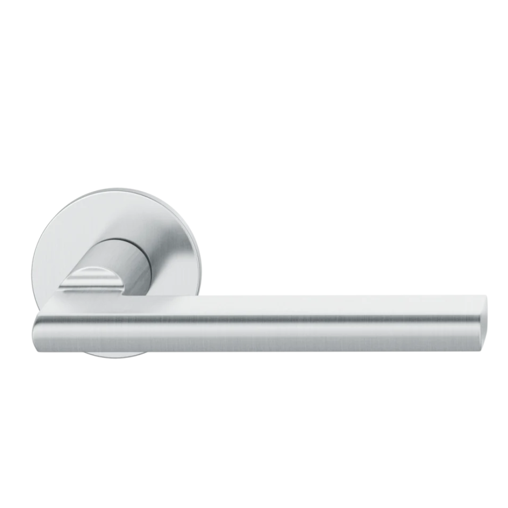 Satin stainless steel FSB 1035 door lever, a flattened round-bar lever on a round rose.