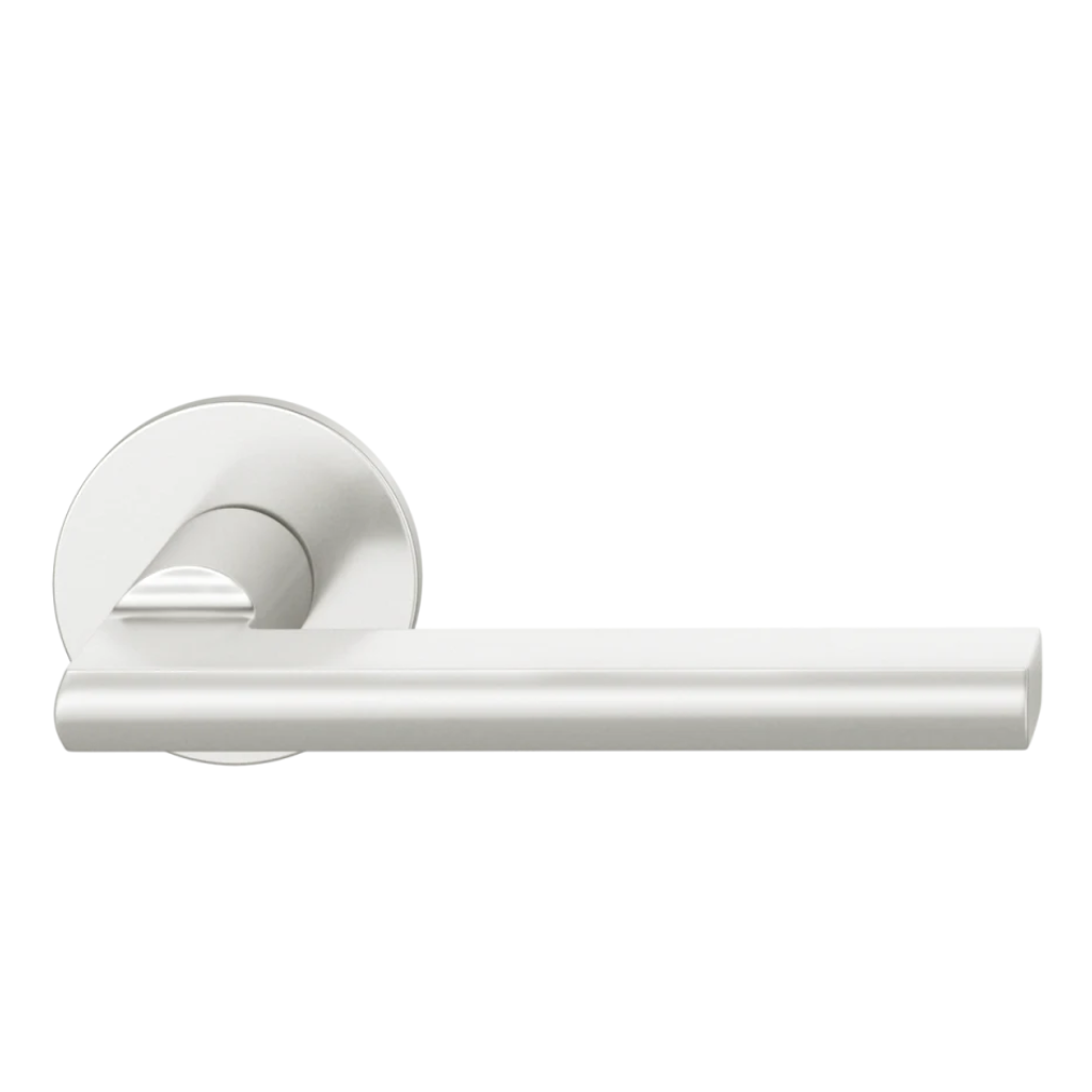 Natural anodized aluminum FSB 1035 door lever, a flattened round-bar lever on a round rose.