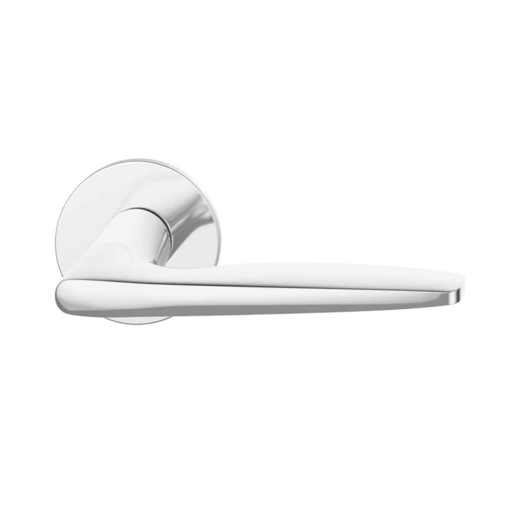 Polished stainless steel FSB 1058 door lever, a tapered lever with a flowing silhouette, on a round rose.