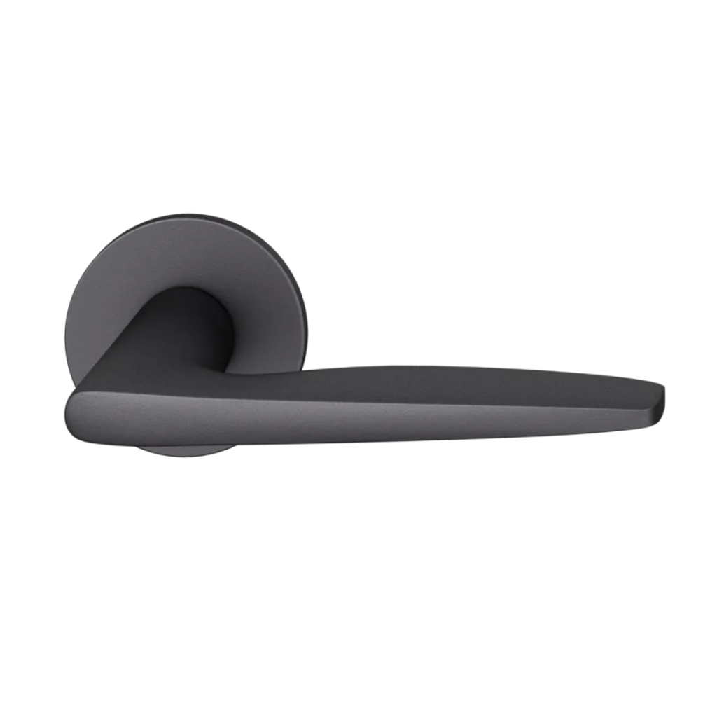 Black anodized FSB 1058 door lever, a tapered lever with a flowing silhouette, on a round rose.