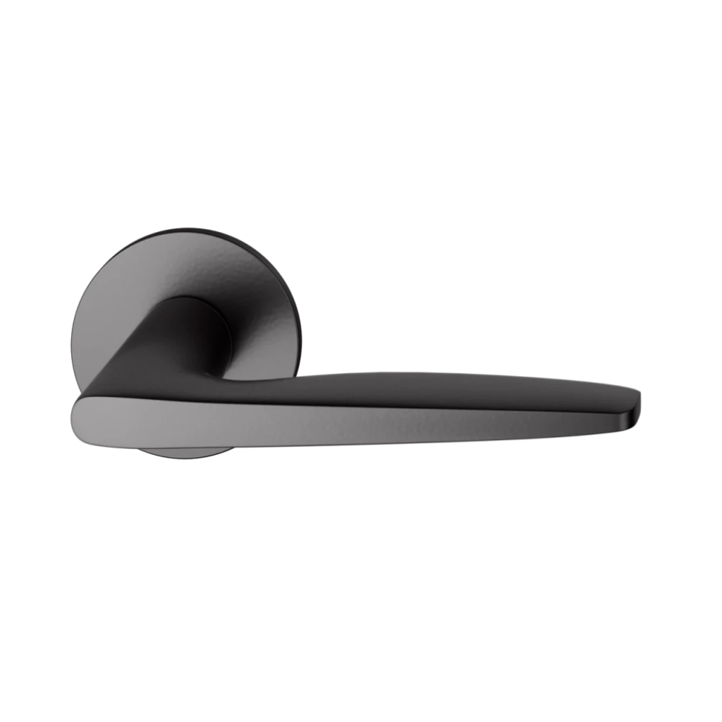 Black powder coat FSB 1058 door lever, a tapered lever with a flowing silhouette, on a round rose.