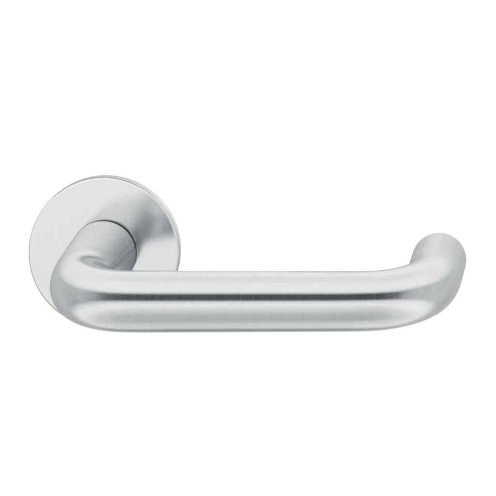 Satin stainless steel FSB 1070 door lever, a U-shaped lever with a closed return, on a round rose.