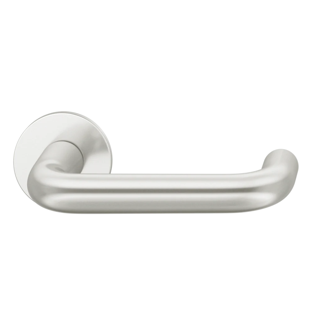Natural anodized aluminum FSB 1070 door lever, a U-shaped lever with a closed return, on a round rose.