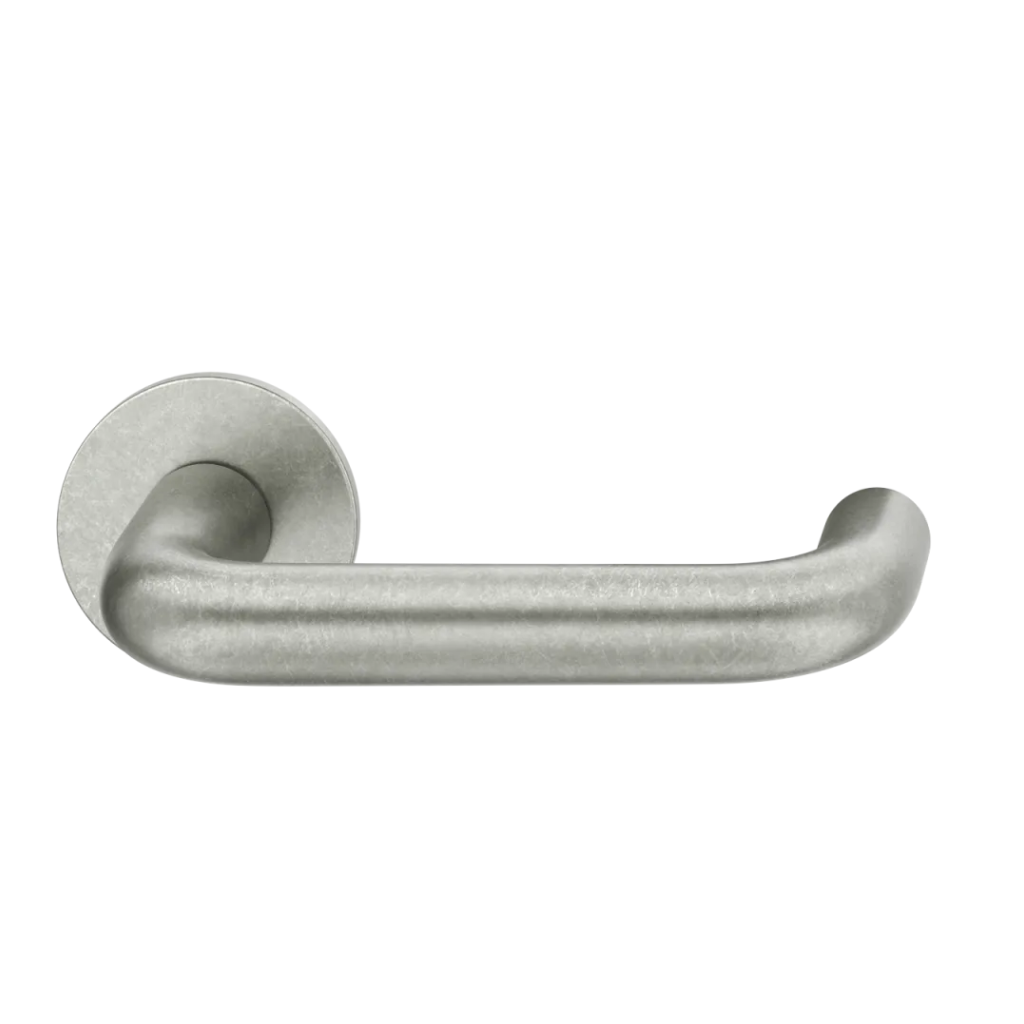 Aluminum pure natural FSB 1070 door lever, a U-shaped lever with a closed return, on a round rose.