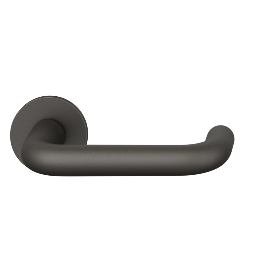 Dark bronze anodized FSB 1070 door lever, a U-shaped lever with a closed return, on a round rose.