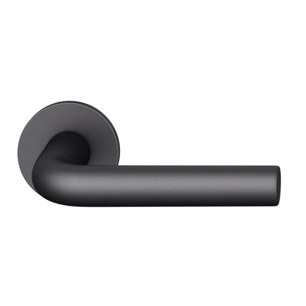 Black anodized FSB 1075 door lever, an L-shaped lever with a curved return, on a round rose.