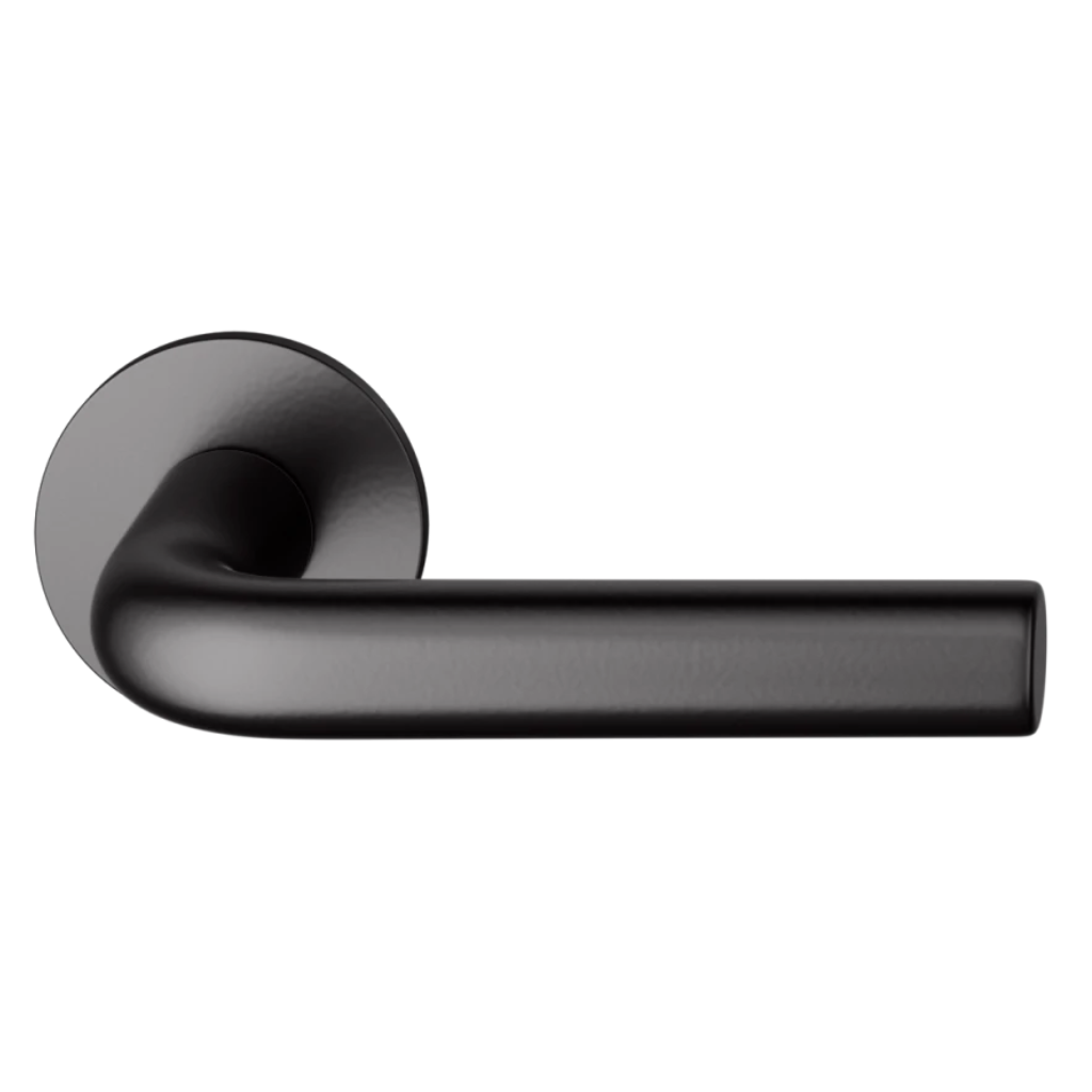 Black powder coat FSB 1075 door lever, an L-shaped lever with a curved return, on a round rose.
