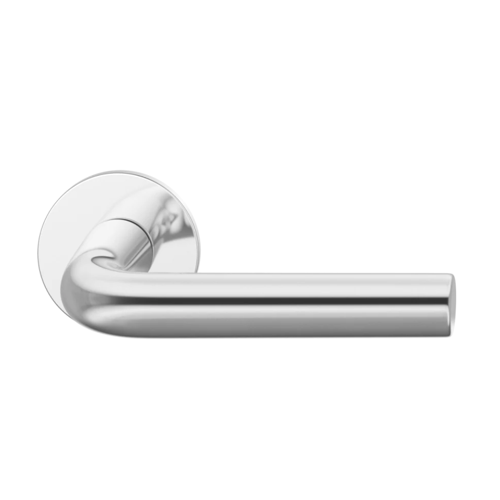 Polished stainless steel FSB 1075 door lever, an L-shaped lever with a curved return, on a round rose.
