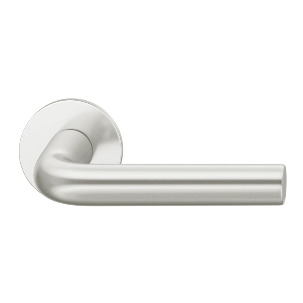 Natural anodized aluminum FSB 1075 door lever, an L-shaped lever with a curved return, on a round rose.