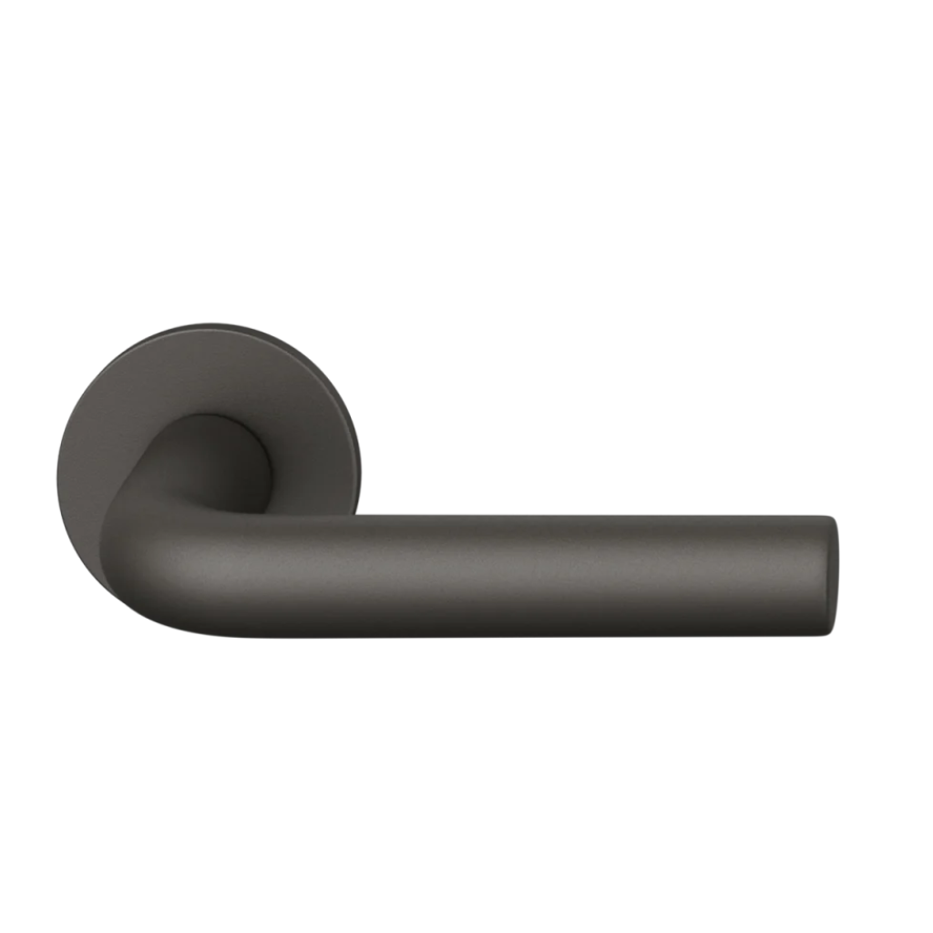 Dark bronze anodized FSB 1075 door lever, an L-shaped lever with a curved return, on a round rose.