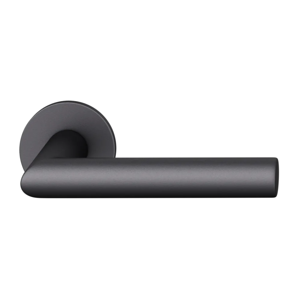 Black anodized FSB 1076 door lever, a mitred square-section lever on a round rose.