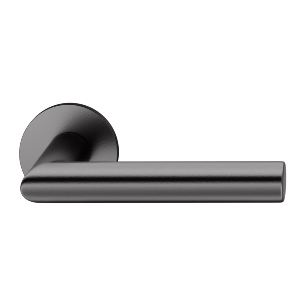 Black powder coat FSB 1076 door lever, a mitred square-section lever on a round rose.