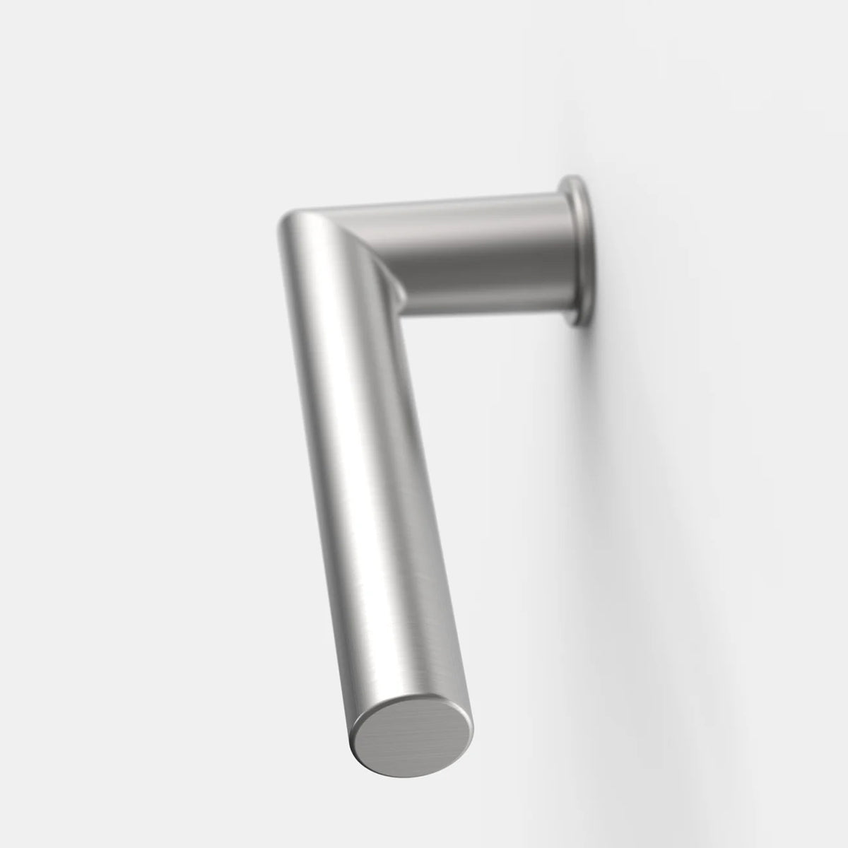Satin stainless steel FSB 1076 door lever at a three-quarter angle, showing the mitred corner where neck meets grip.