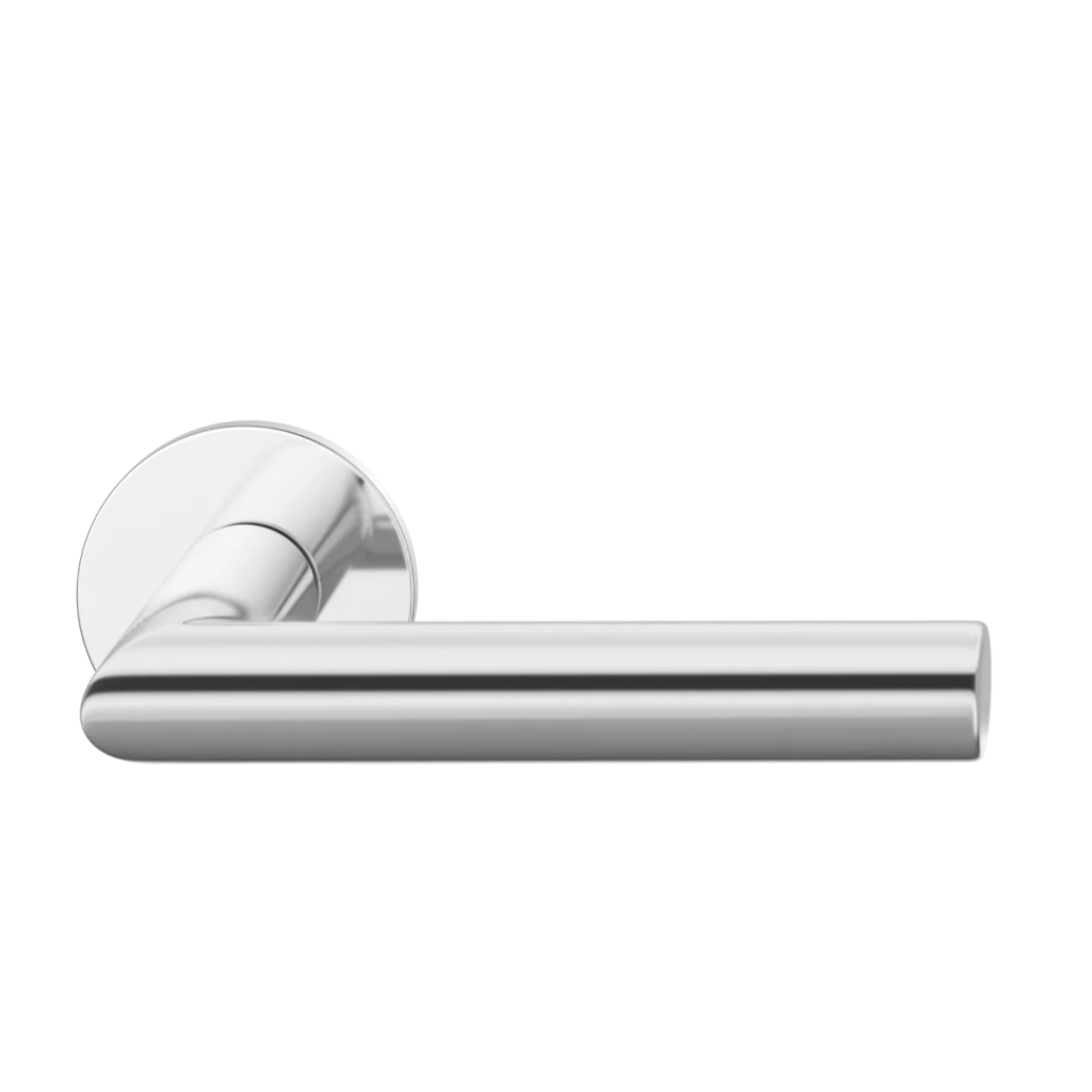 Polished stainless steel FSB 1076 door lever, a mitred square-section lever on a round rose.