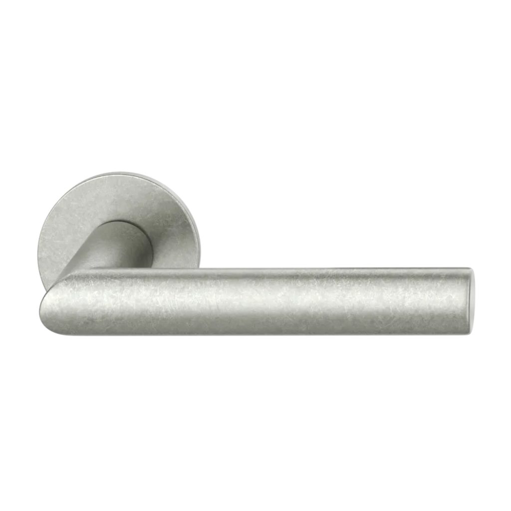 Aluminum pure natural FSB 1076 door lever, a mitred square-section lever on a round rose.