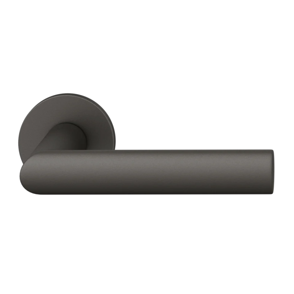 Dark bronze anodized FSB 1108 door lever, a mitred lever of oval section on a round rose.