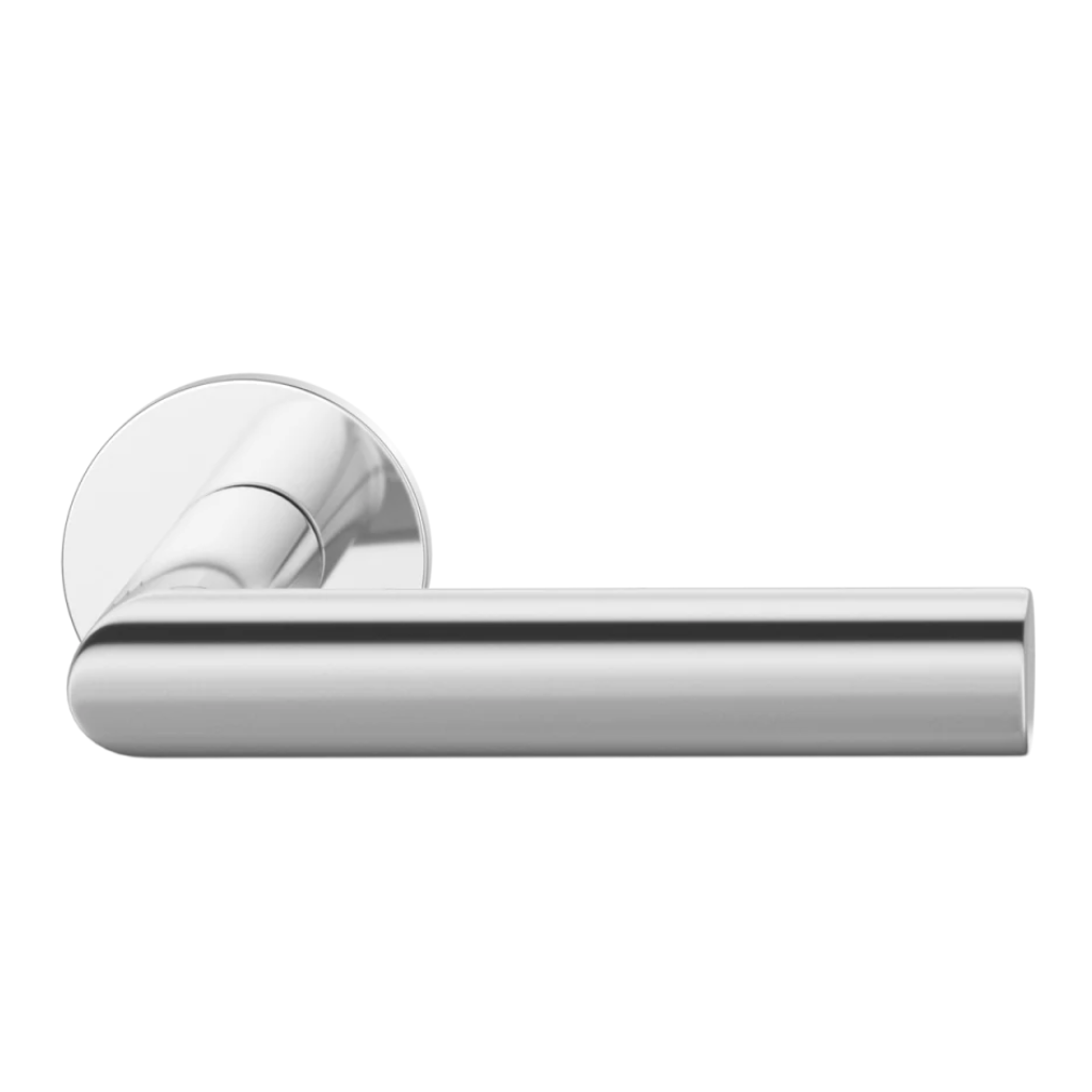 Polished stainless steel FSB 1108 door lever, a mitred lever of oval section on a round rose.
