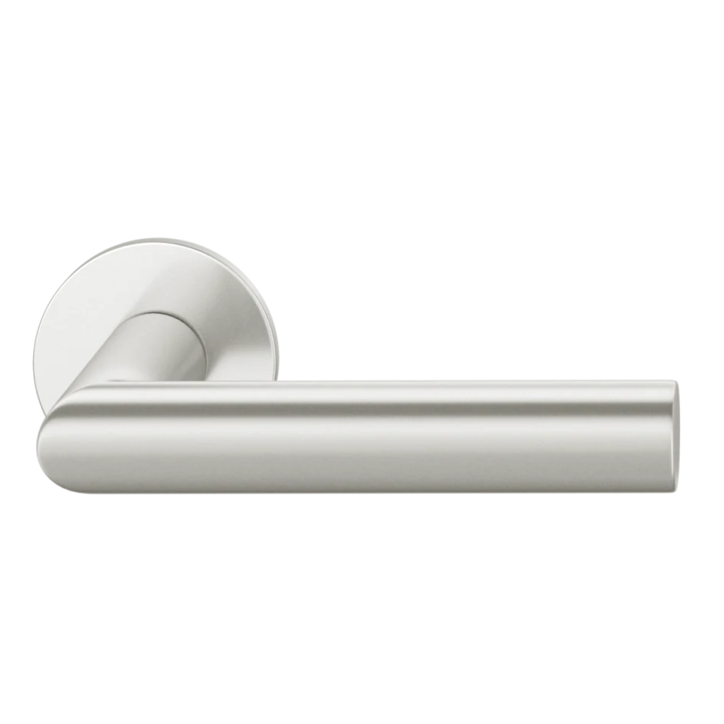 Natural anodized aluminum FSB 1108 door lever, a mitred lever of oval section on a round rose.