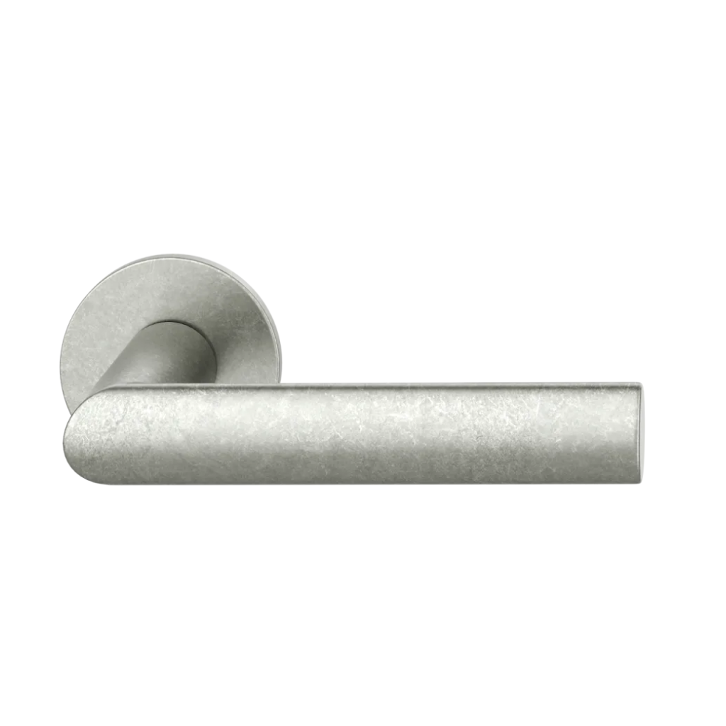 Aluminum pure natural FSB 1108 door lever, a mitred lever of oval section on a round rose.
