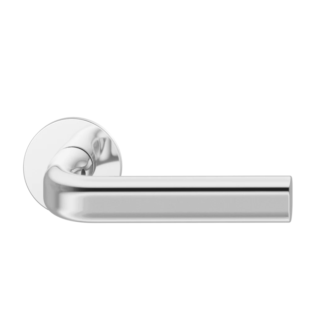 Polished stainless steel FSB 1242 door lever, a slim oval lever on a round rose.
