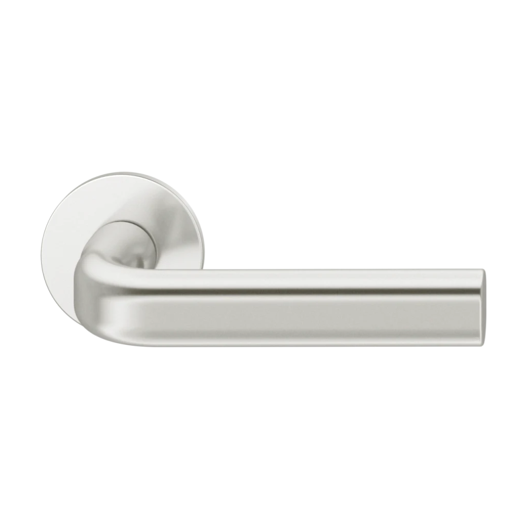 Natural anodized aluminum FSB 1242 door lever, a slim oval lever on a round rose.