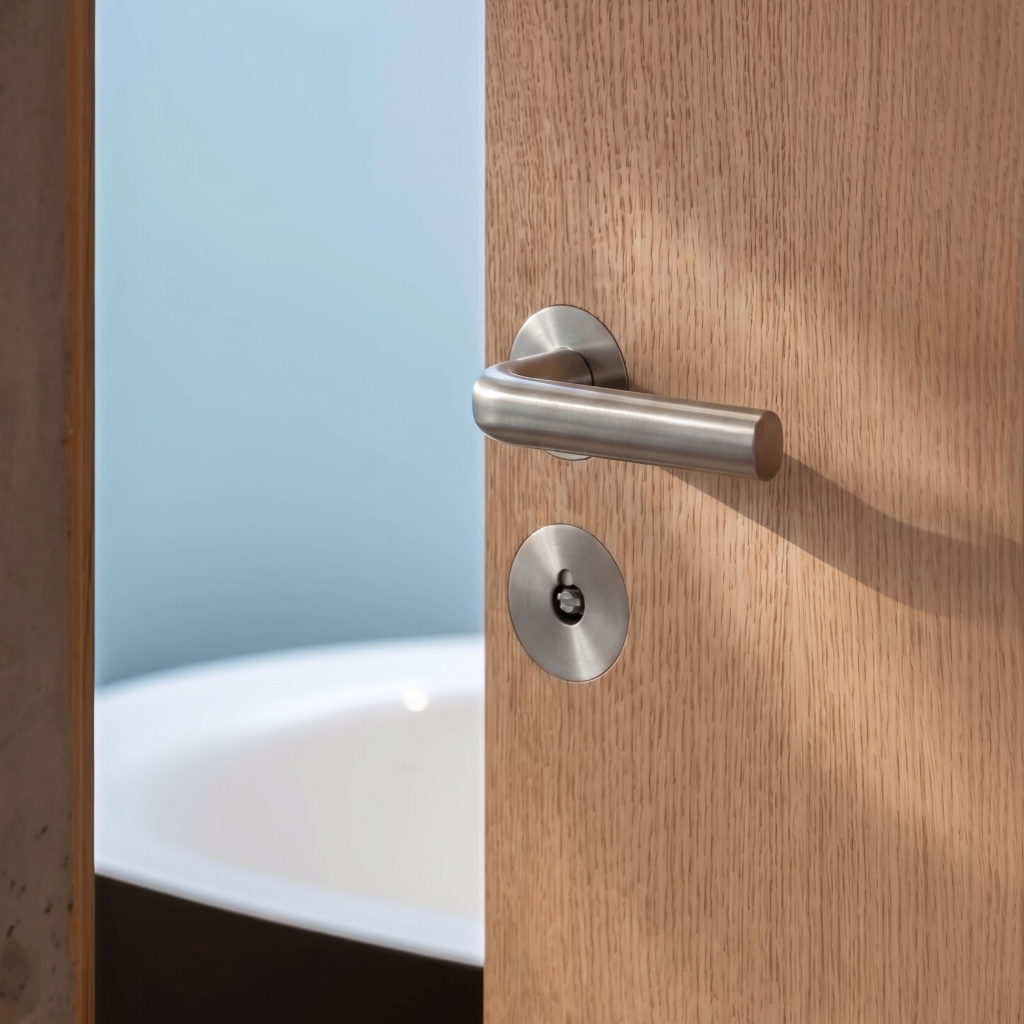 Bronze FSB 1242 lever and thumbturn on an oak bathroom door at Haus am Buddenturm.