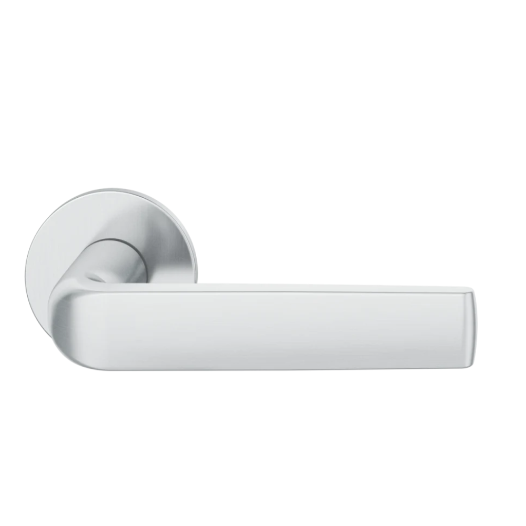 Satin stainless steel FSB 1267 door lever, a flat-grip lever on a round rose.