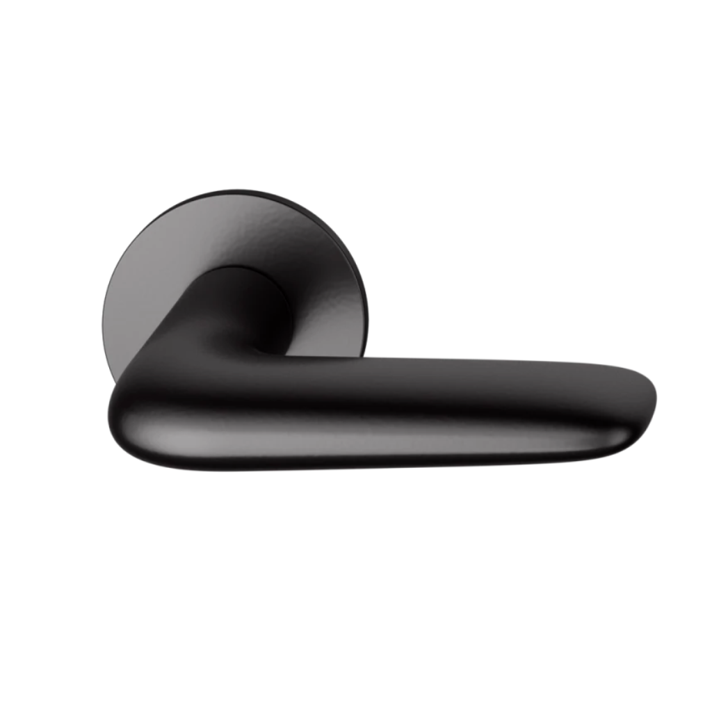 Black powder coat FSB 1291 door lever, a short curved lever on a round rose.