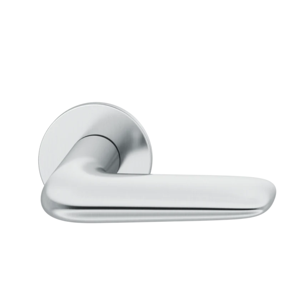 Satin stainless steel FSB 1291 door lever, a short curved lever on a round rose.