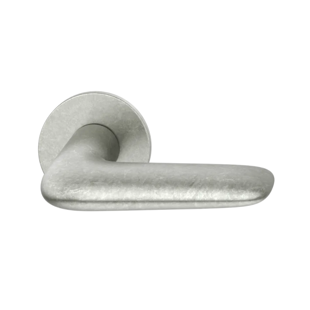 Aluminum pure natural FSB 1291 door lever, a short curved lever on a round rose.