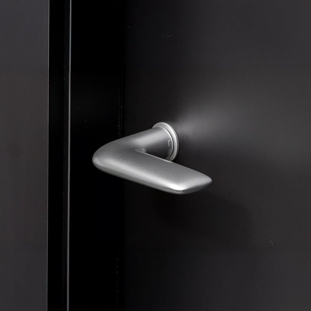 Satin FSB 1291 lever on a dark door, showing the short freehand curve of the grip.
