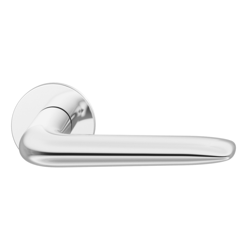 Polished stainless steel FSB 1292 door lever, a long curved lever on a round rose.