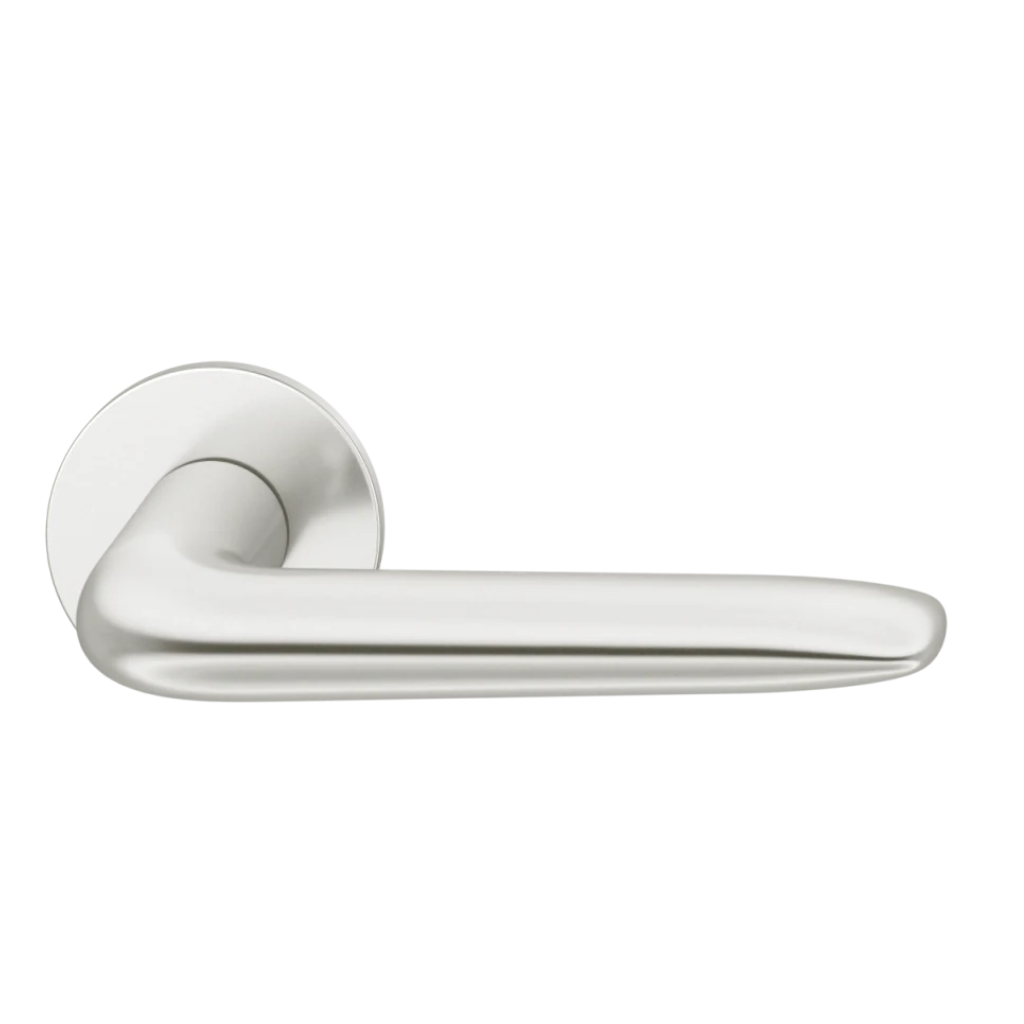 Natural anodized aluminum FSB 1292 door lever, a long curved lever on a round rose.