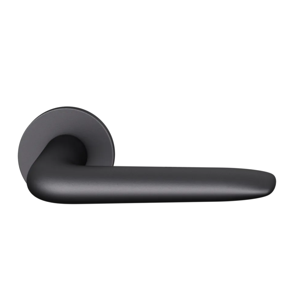 Black anodized FSB 1292 door lever, a long curved lever on a round rose.
