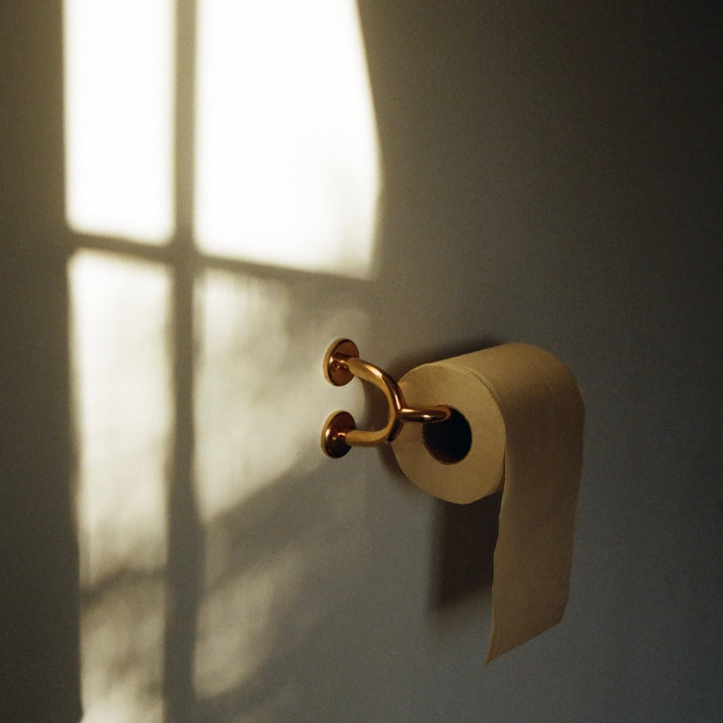 Brass Maha Alavi Fauna toilet paper holder with a roll.