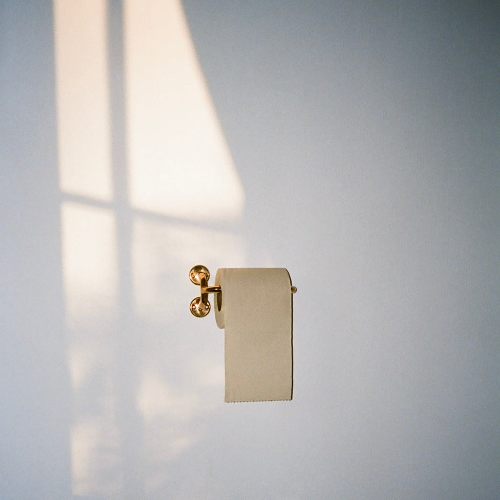 Brass Maha Alavi Fauna toilet paper holder with a roll.