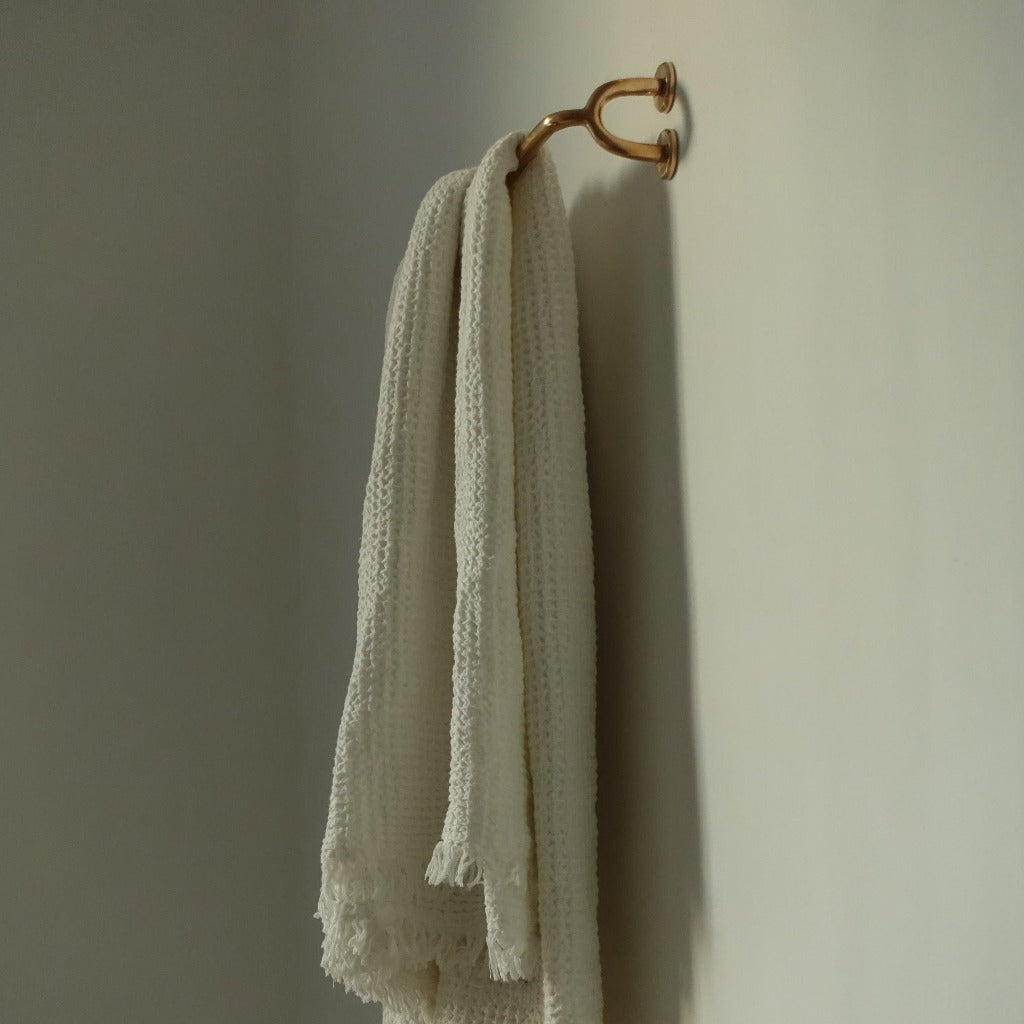 Brass Maha Alavi Fauna towel bar with a towel on a green wall.