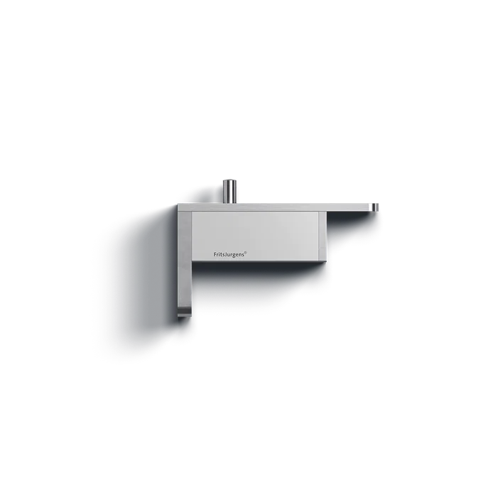 Satin steel FritsJurgens System FX pivot hinge on a black background.
