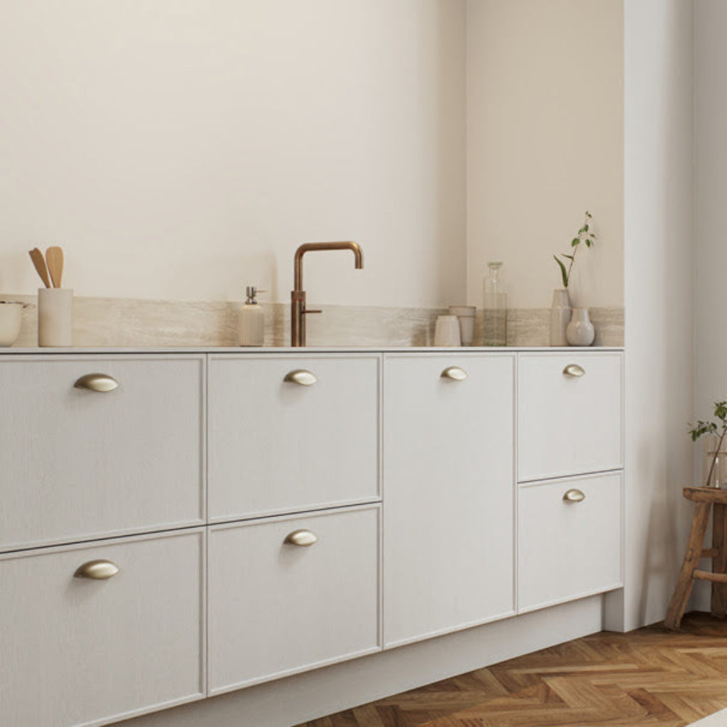 Organic Cabinet Handles on minimal soft grey kitchen cabinets