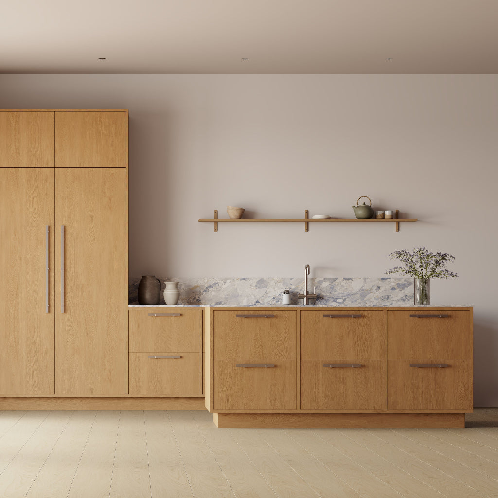 Wood kitchen cabinetry with slim brushed metal cabinet pulls